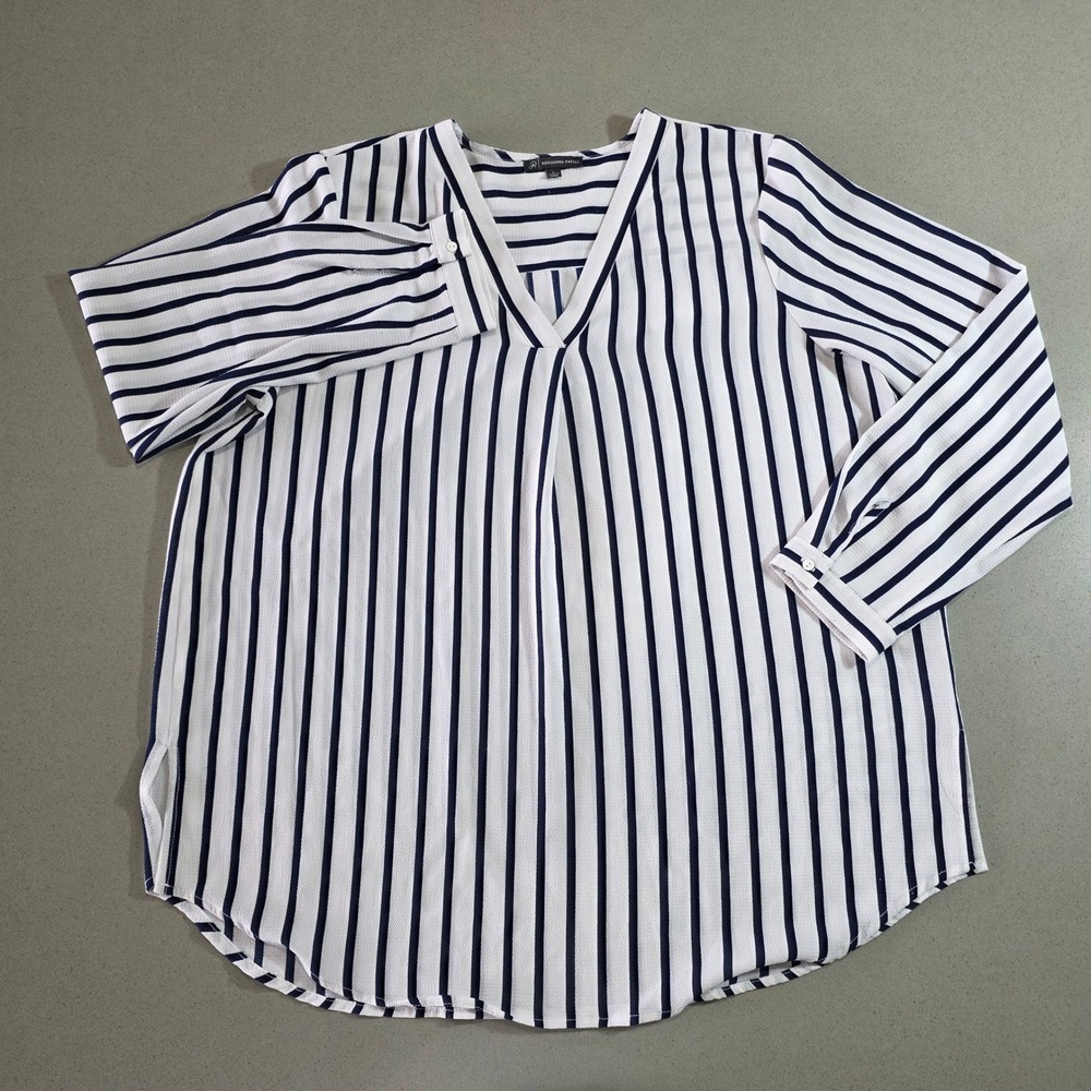 Adrianna Papell Womens Blue White Striped V-Neck Blouse Top Large AD1S300527